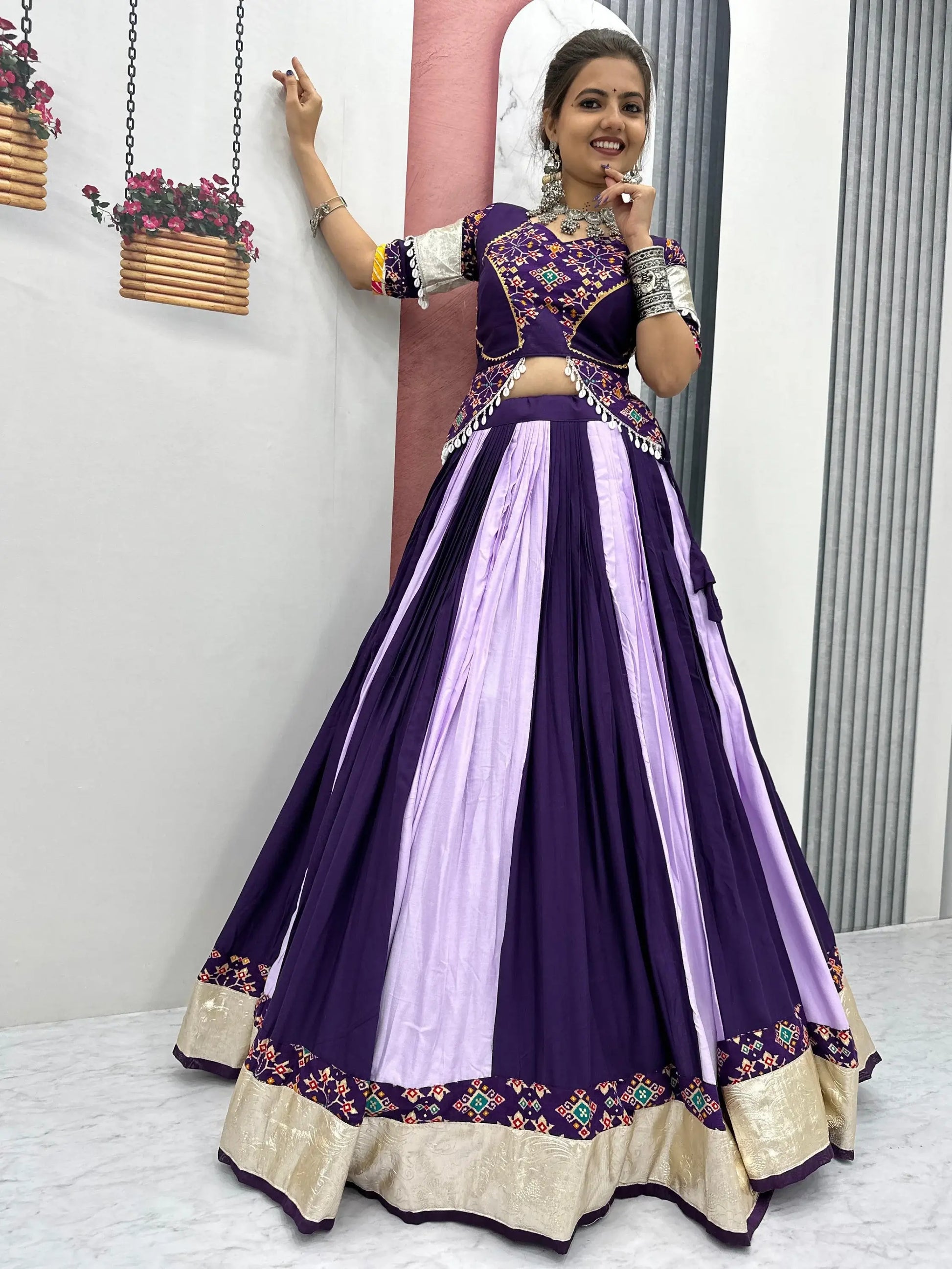 Timeless Purple Lace Border Cotton Navratri Wear Lehenga Choli With Dupatta - Zeel Clothing