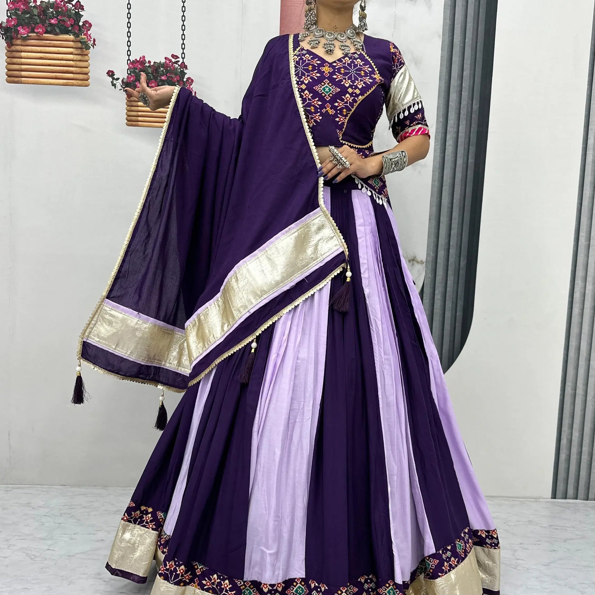 Timeless Purple Lace Border Cotton Navratri Wear Lehenga Choli With Dupatta - Zeel Clothing