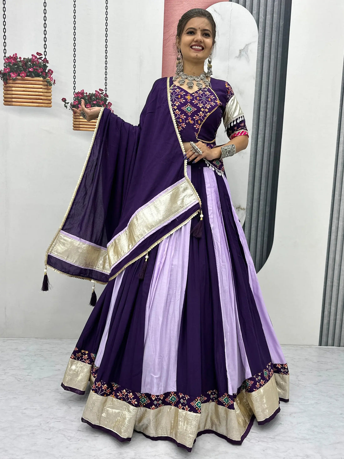 Timeless Purple Lace Border Cotton Navratri Wear Lehenga Choli With Dupatta - Zeel Clothing