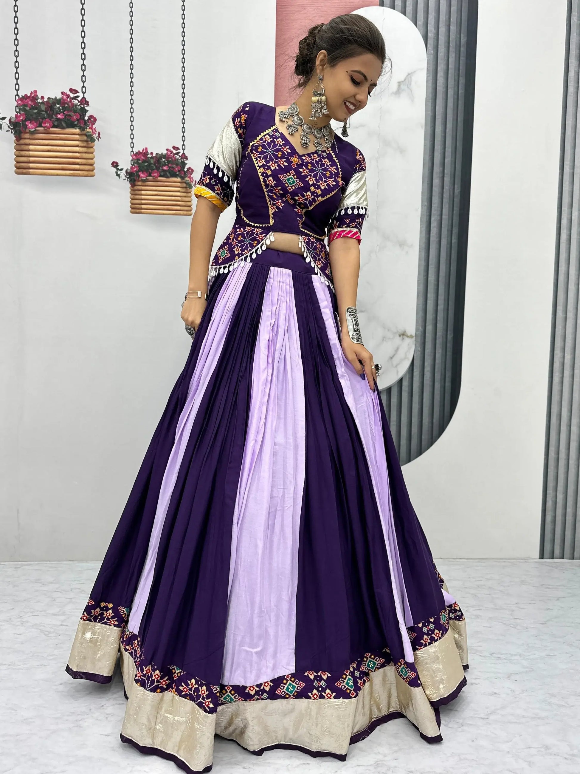 Timeless Purple Lace Border Cotton Navratri Wear Lehenga Choli With Dupatta - Zeel Clothing