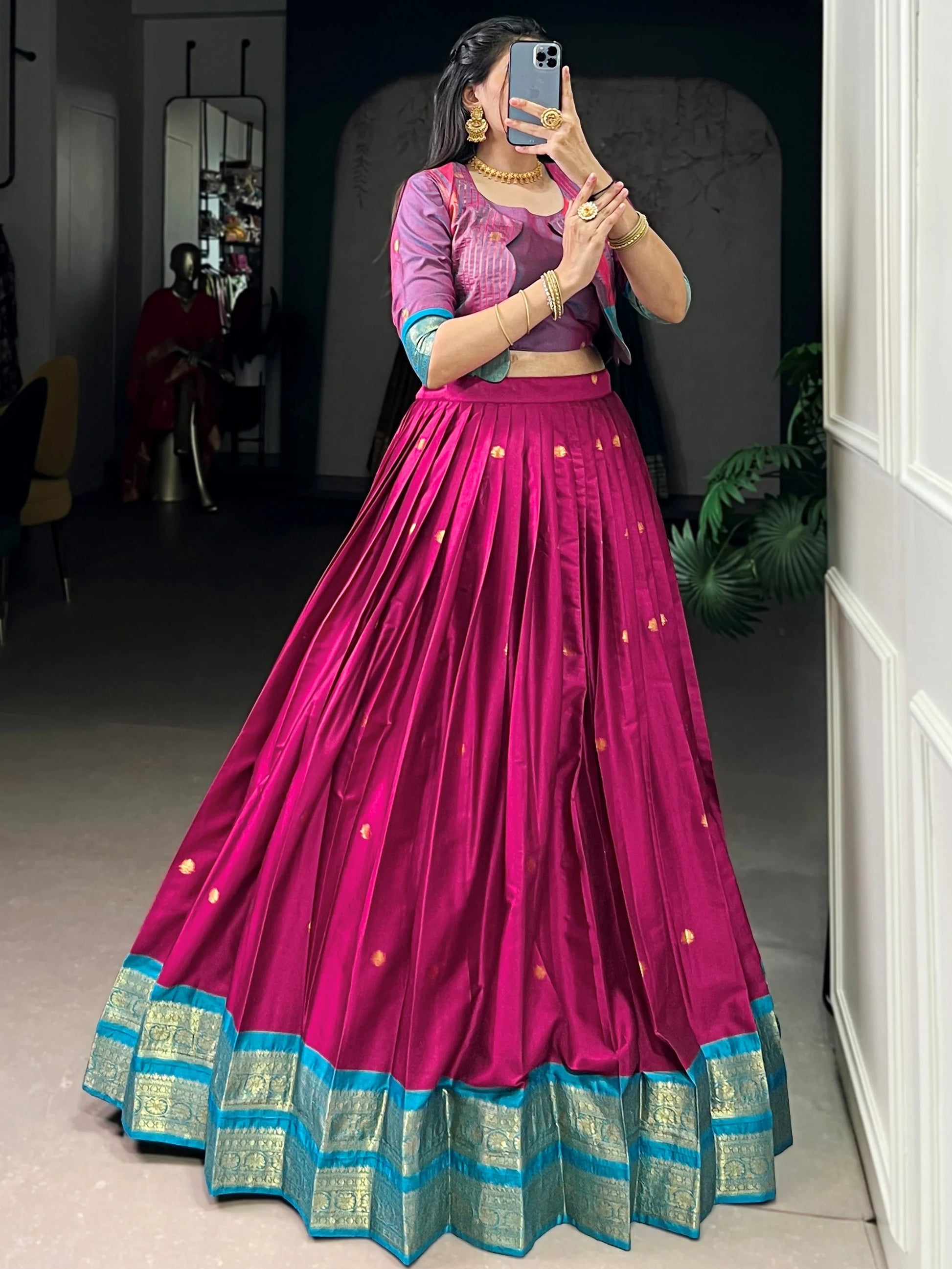 Timeless Rani Pink Zari Weaving Cotton Wedding Wear Crop Top Lehenga With Jacket
