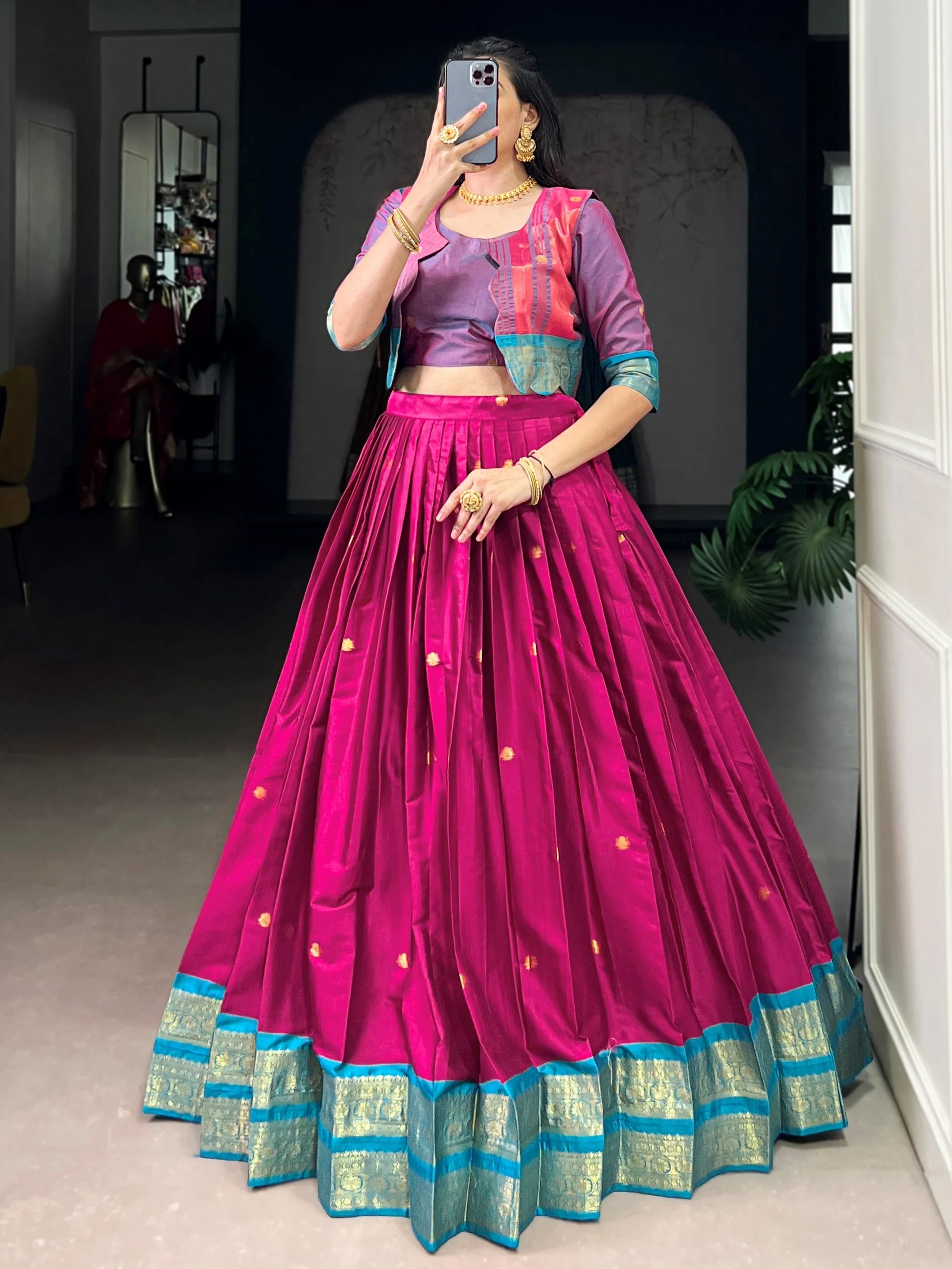Timeless Rani Pink Zari Weaving Cotton Wedding Wear Crop Top Lehenga With Jacket