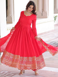 Timeless Red Sequins Embroidered Silk Event Wear Anarkali Suit With Dupatta