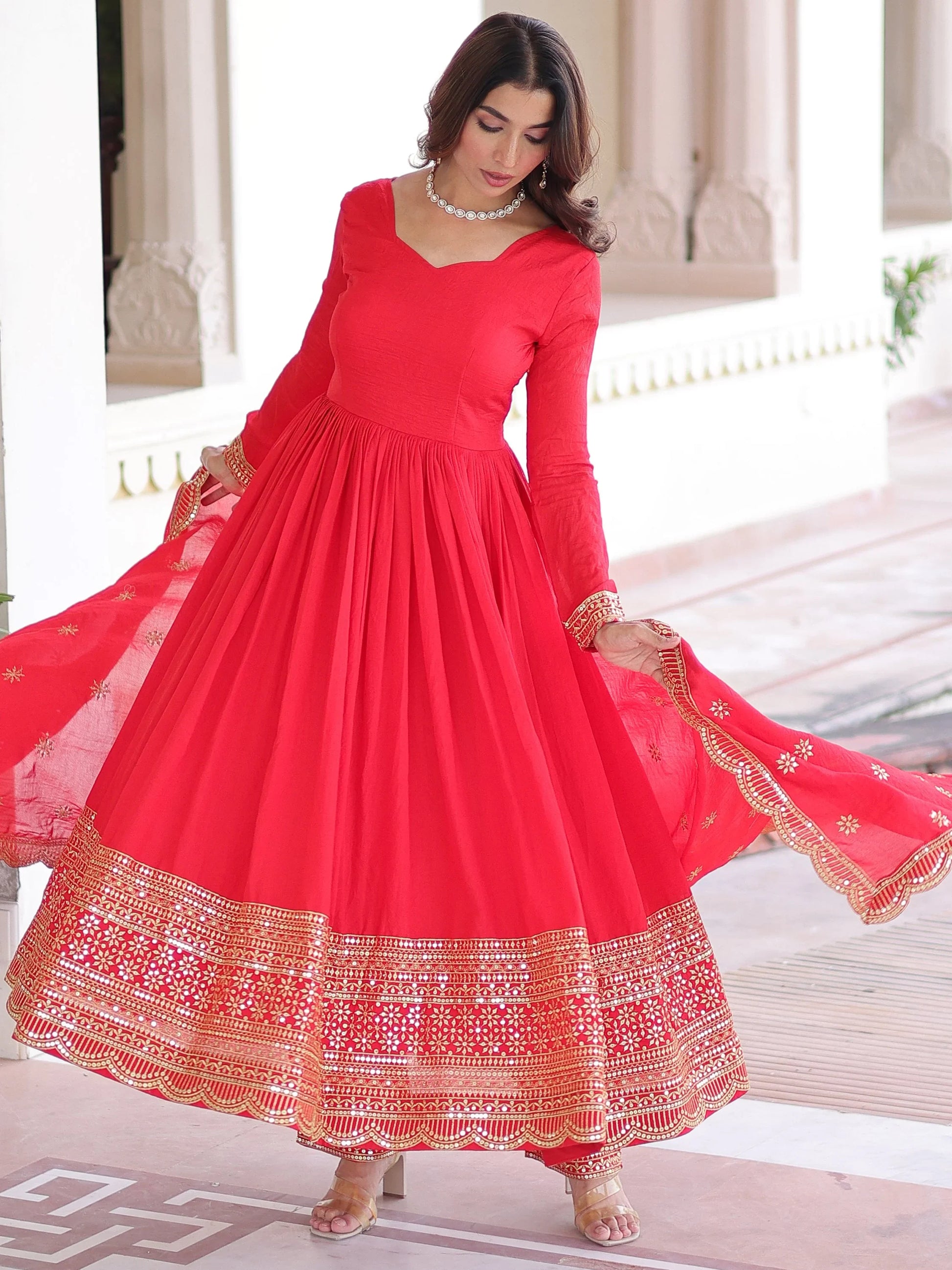 Timeless Red Sequins Embroidered Silk Event Wear Anarkali Suit With Dupatta
