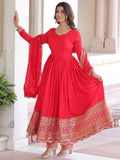 Timeless Red Sequins Embroidered Silk Event Wear Anarkali Suit With Dupatta