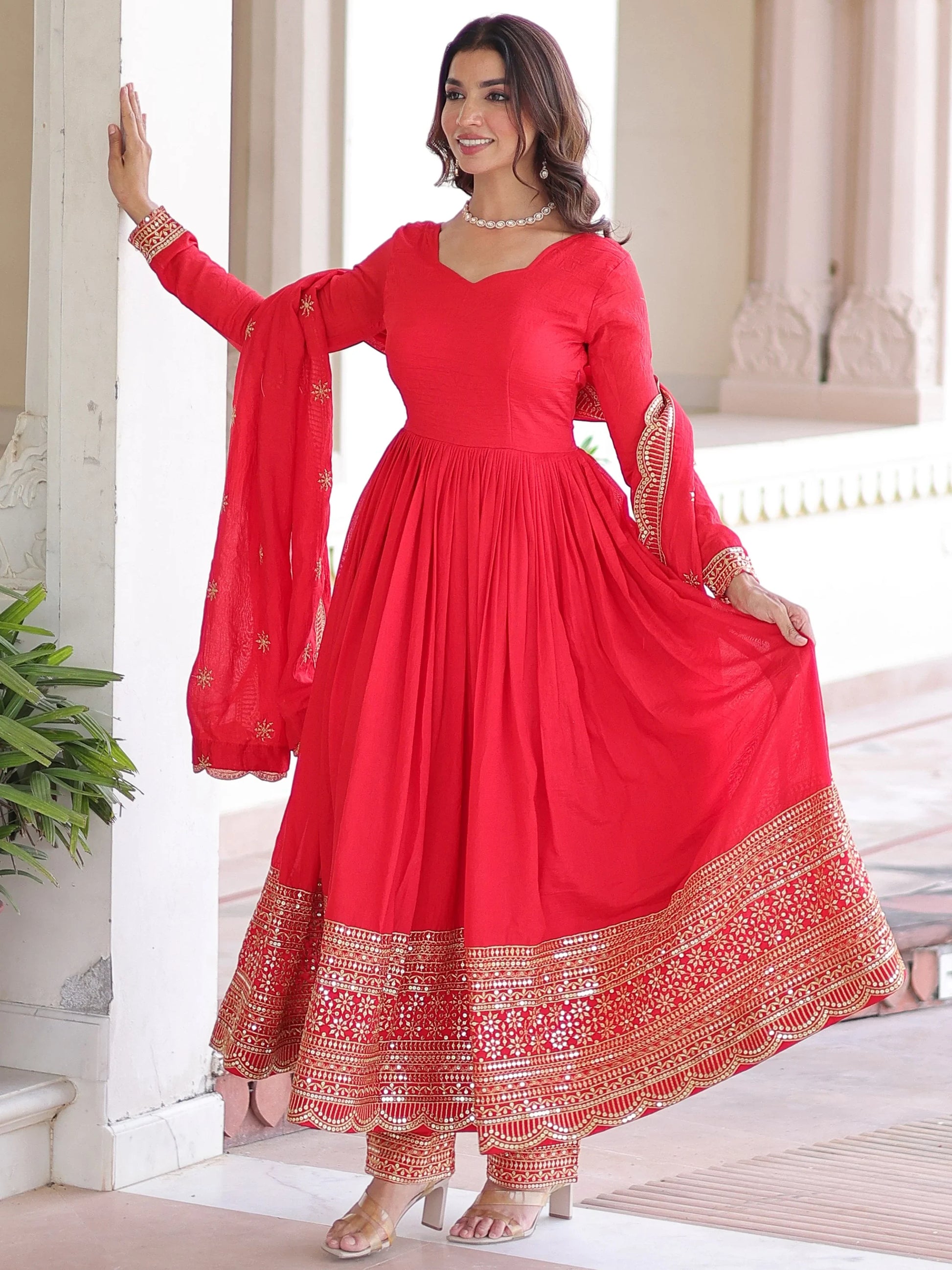Timeless Red Sequins Embroidered Silk Event Wear Anarkali Suit With Dupatta