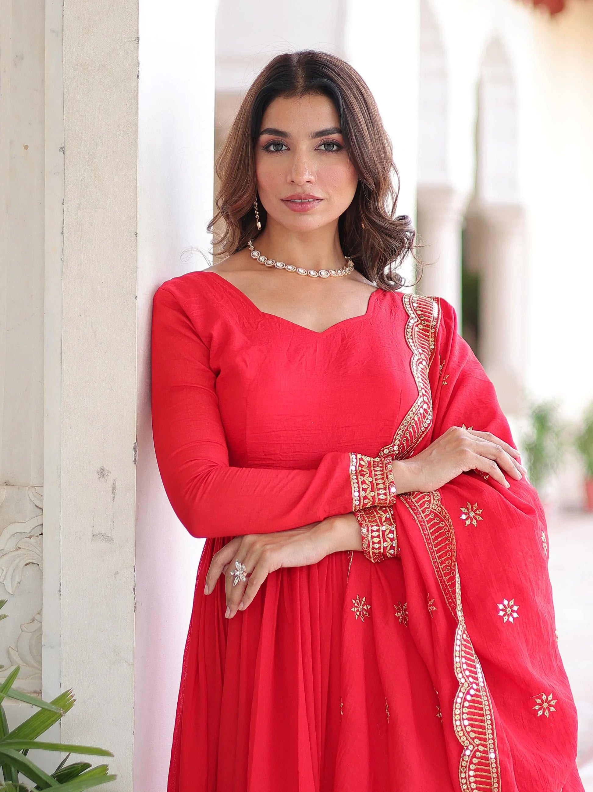 Timeless Red Sequins Embroidered Silk Event Wear Anarkali Suit With Dupatta