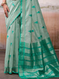 Timeless Sea Green Zari Weaving Cotton Function Wear Saree With Blouse - Zeel Clothing
