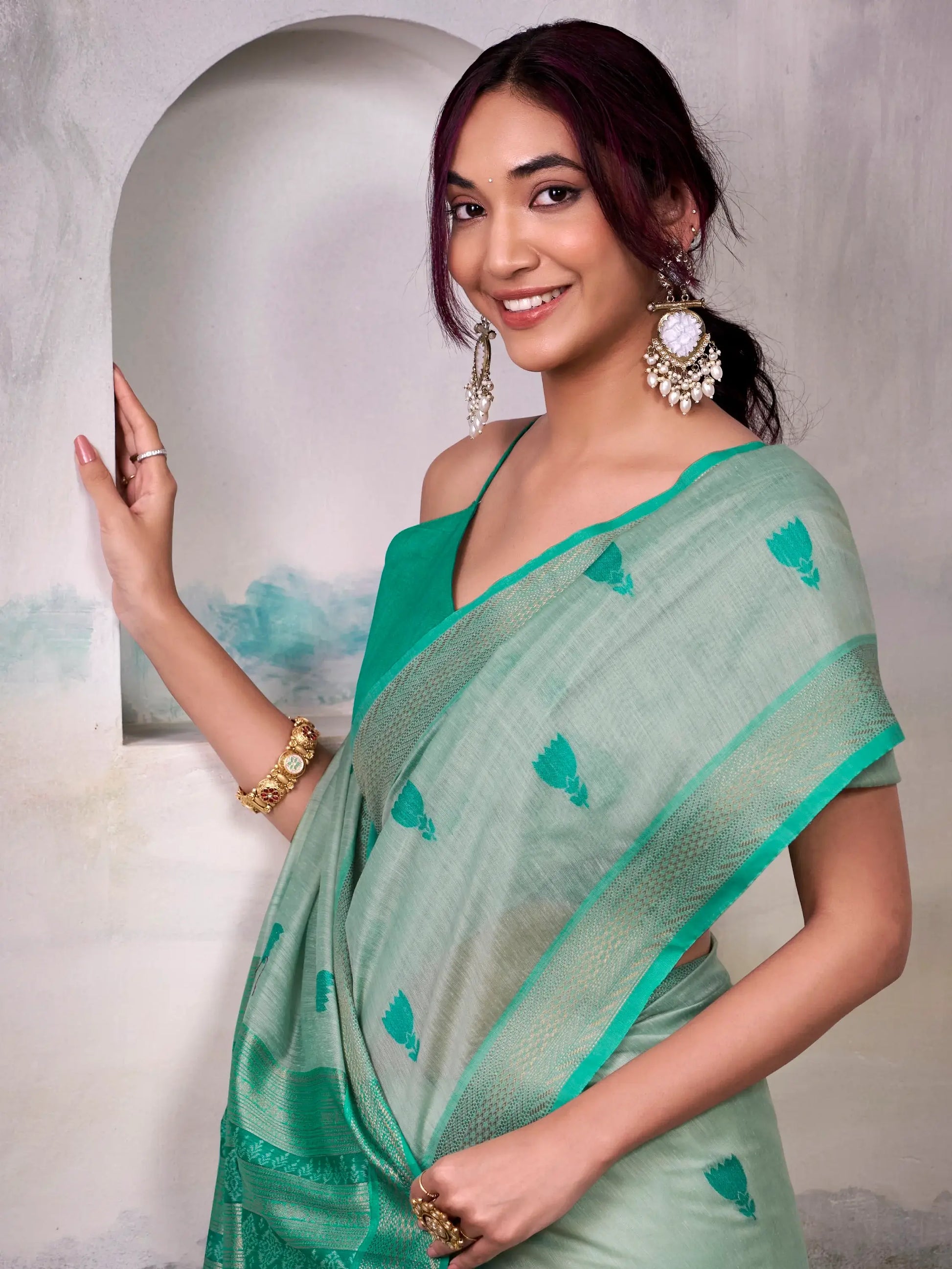 Timeless Sea Green Zari Weaving Cotton Function Wear Saree With Blouse - Zeel Clothing
