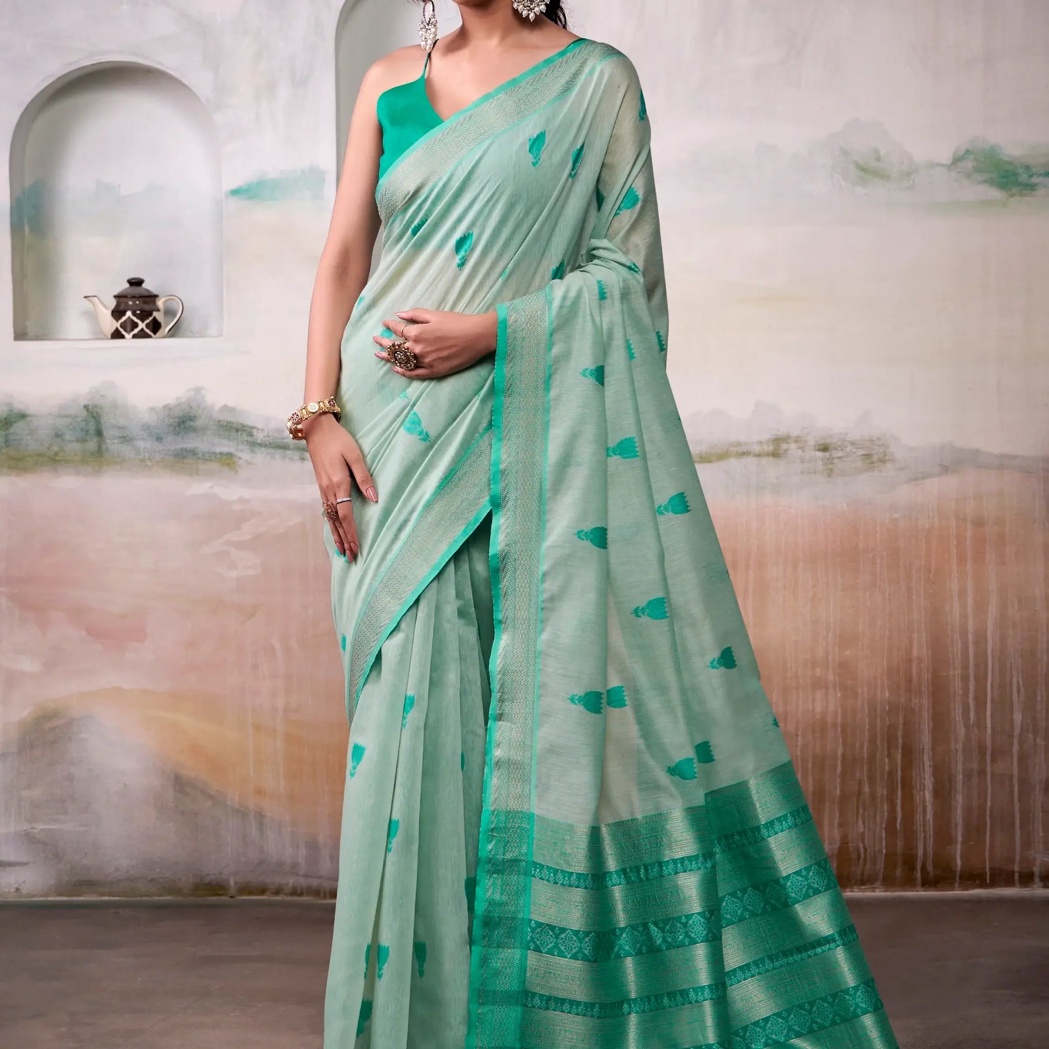 Timeless Sea Green Zari Weaving Cotton Function Wear Saree With Blouse - Zeel Clothing