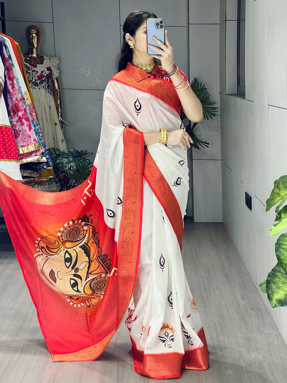 Timeless White Printed Silk Festive Special Saree With Blouse