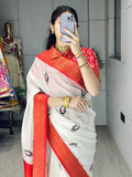 Timeless White Printed Silk Festive Special Saree With Blouse
