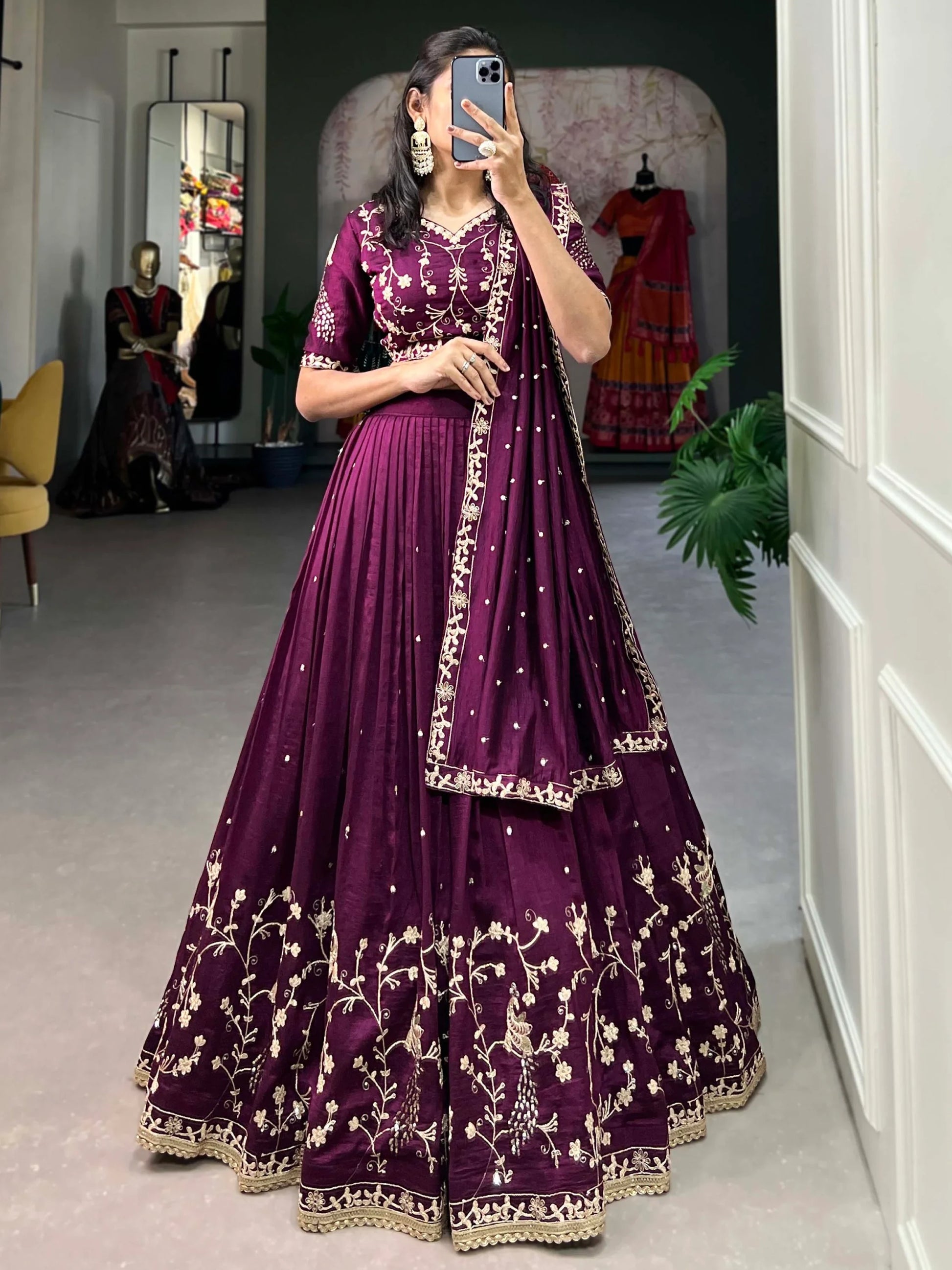 Timeless Wine Thread Embroidered Vichitra Silk Engagement Wear Lehenga Choli - Zeel Clothing