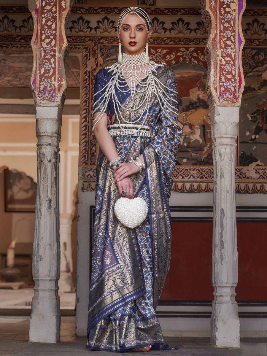 Incredible Blue Digital Print Silk Wedding Wear Saree With Blouse