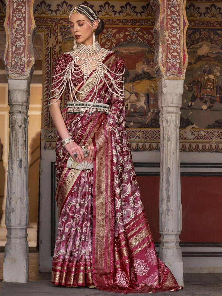 Fascinating Wine Zari Weaving Silk Festival Wear Saree With Blouse