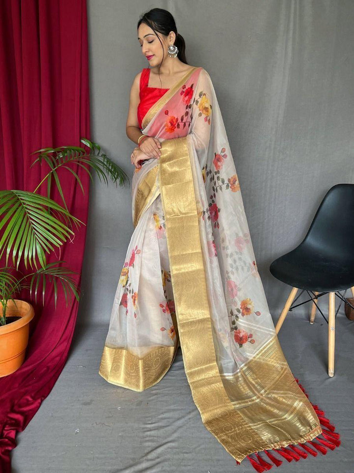 Stunning Off White  Pichwai Print Organza Festival Wear Saree
