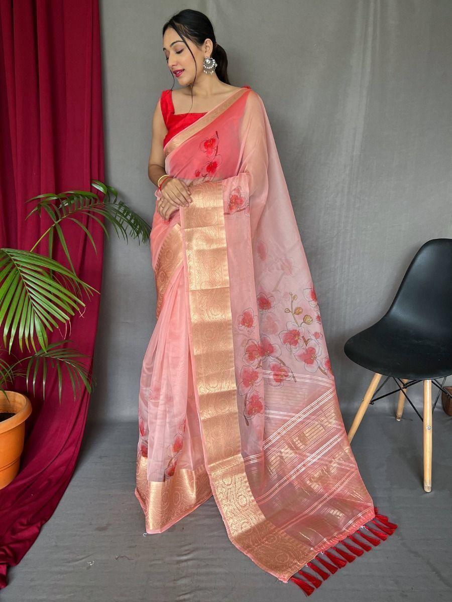 Lovely Pink Pichwai Print Organza Event Wear Saree With Blouse