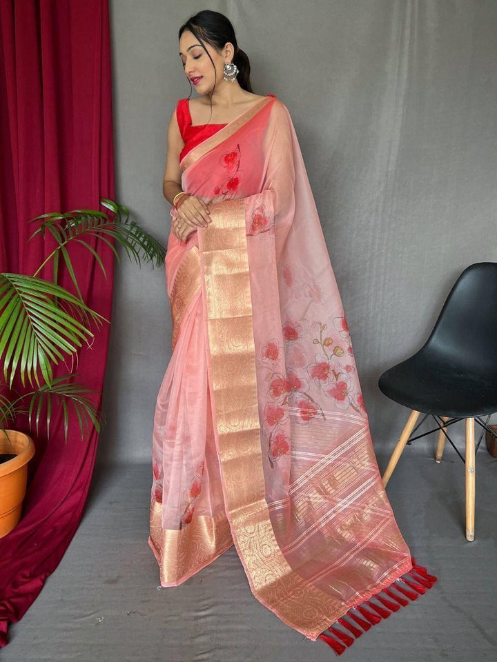Lovely Pink Pichwai Print Organza Event Wear Saree With Blouse