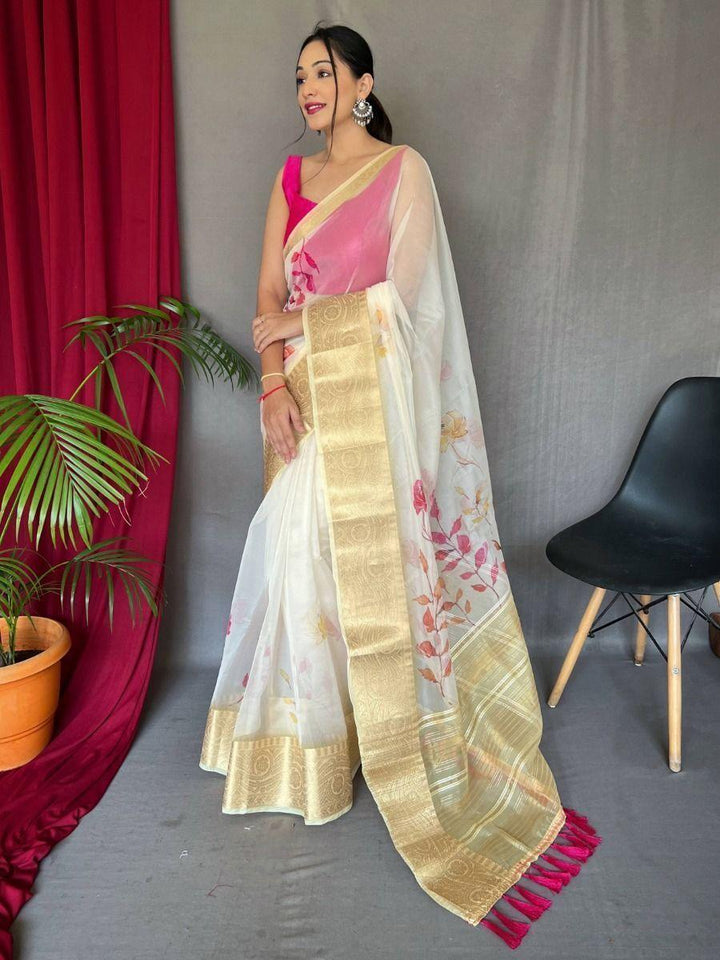 Amazing White Pichwai Print Organza Festival Wear Saree With Blouse