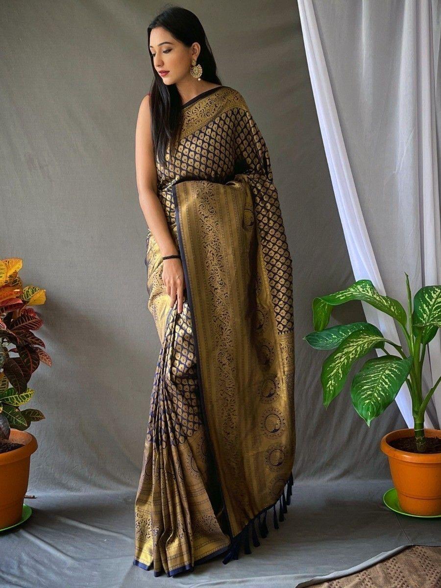 Astonishing Blue Woven Kanjivaram Silk Event Wear Saree With Blouse