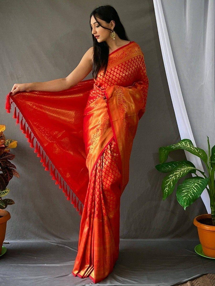 Gorgeous Orange Woven Kanjivaram Silk Traditional Saree With Blouse