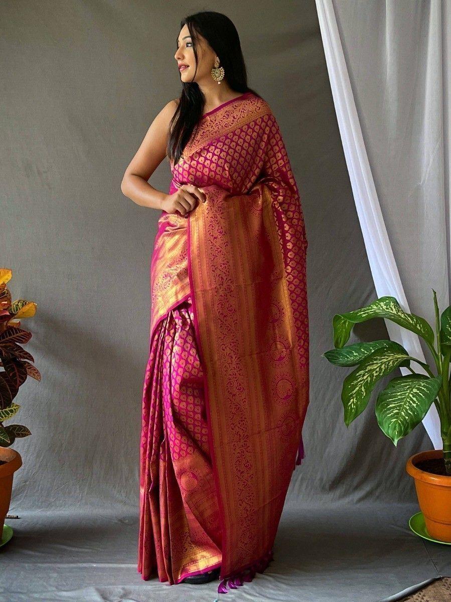 Stunning Rani Pink Woven Kanjivaram Silk Classic Saree With Blouse