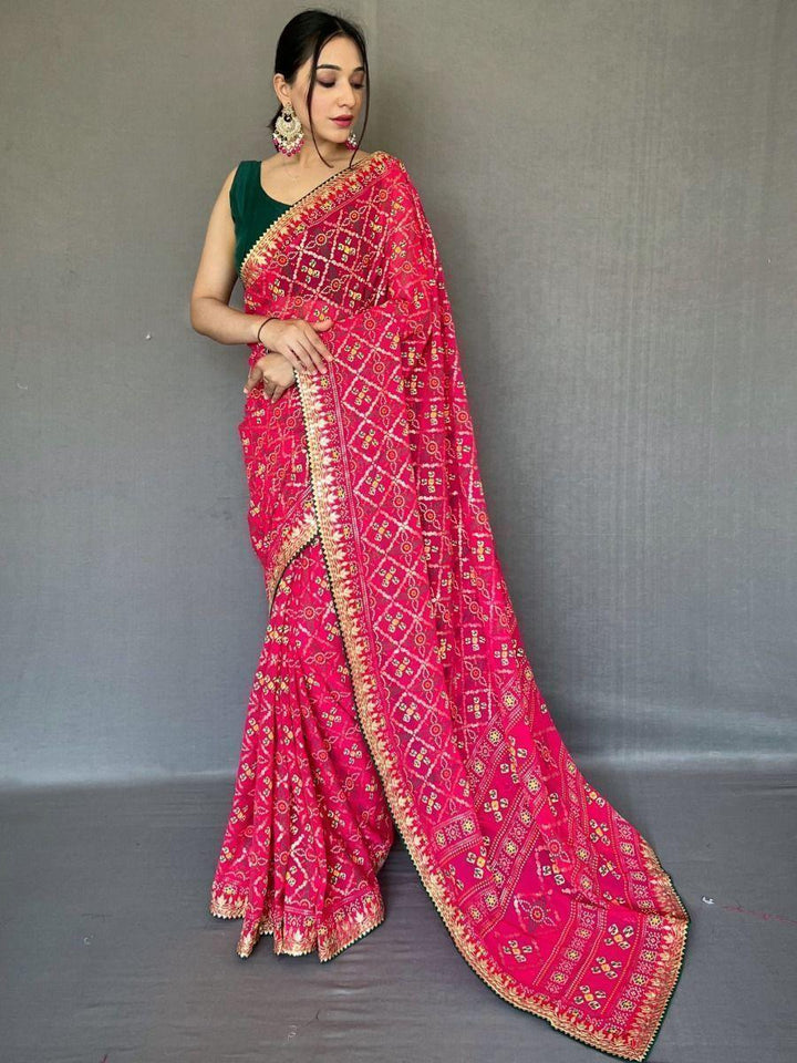 Stunning Pink Printed Georgette Wedding Wear Saree With Blouse