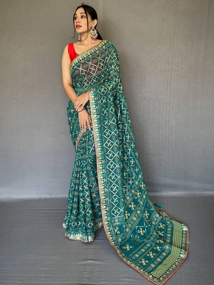 Precious Sea Green Printed Georgette Festival Wear Saree With Blouse