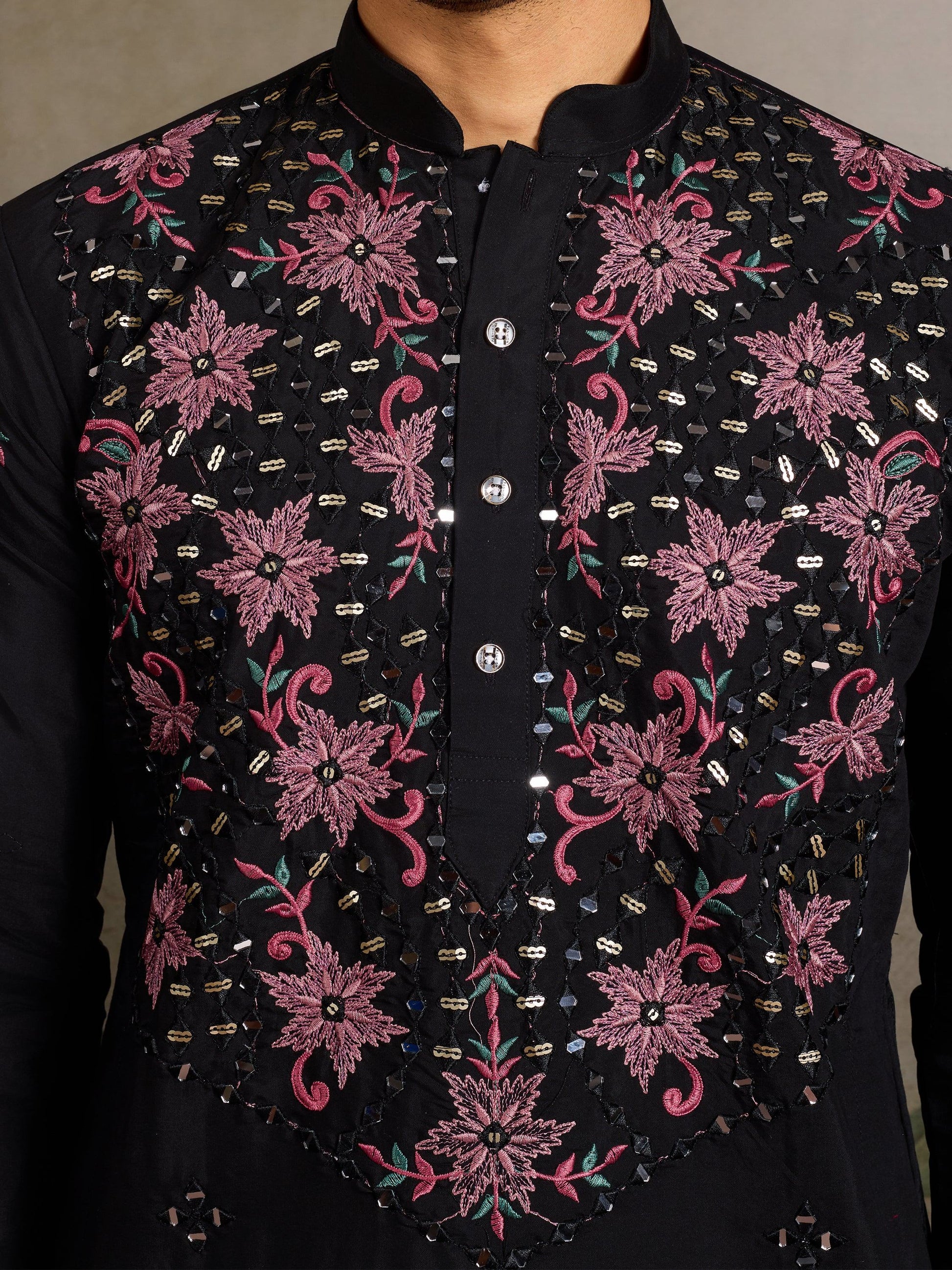 Tremendous Black Mirror Work Viscose Silk Event Wear Men Kurta Set