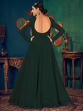 Emerald green long-sleeve gown with open back and embroidered sleeves, elegant women's fashion