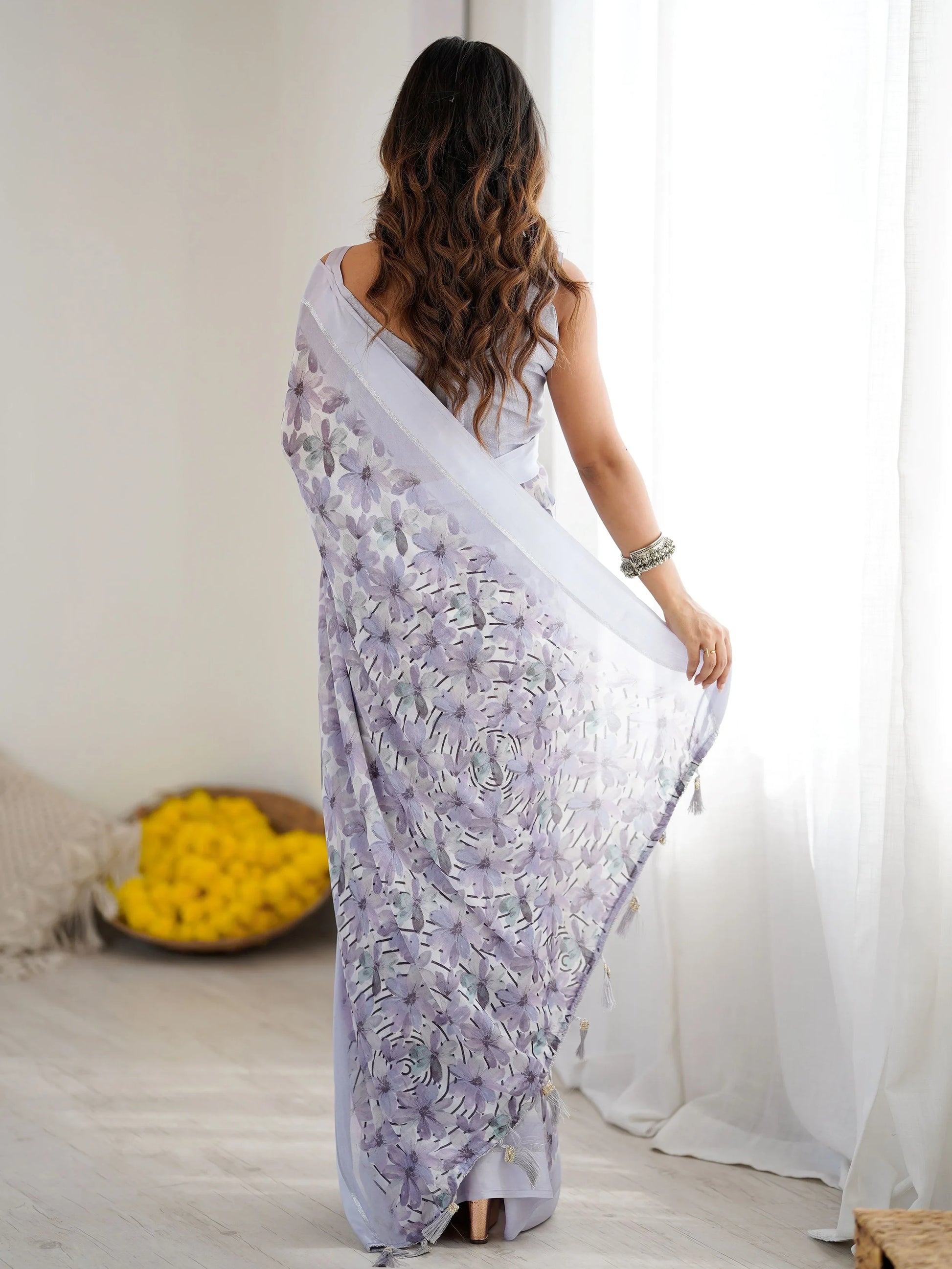 Tremendous Lavender Floral Printed Georgette Function Wear Saree With Blouse