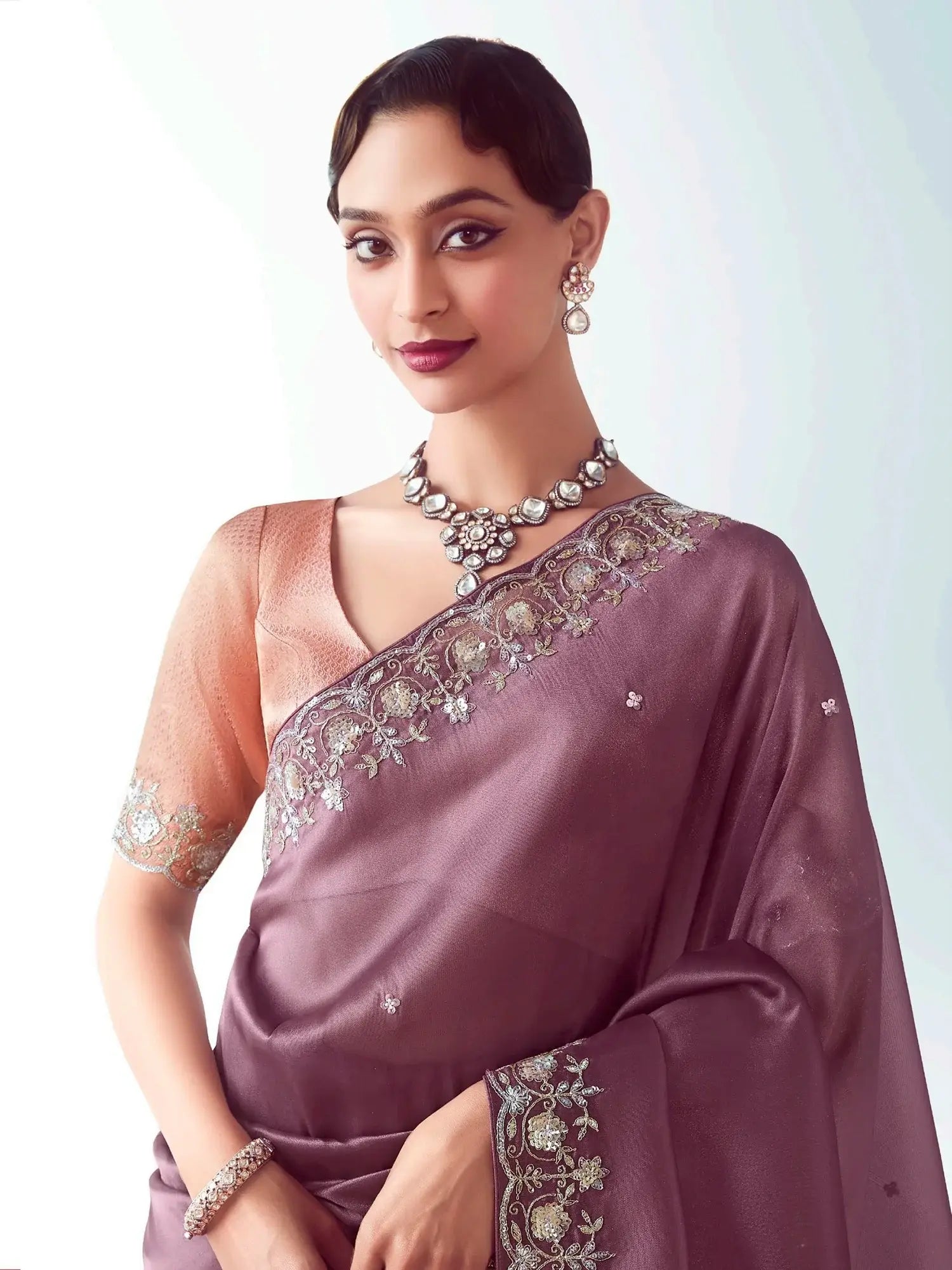 Tremendous Mauve Embroidered Organza Designer Saree With Blouse - Zeel Clothing