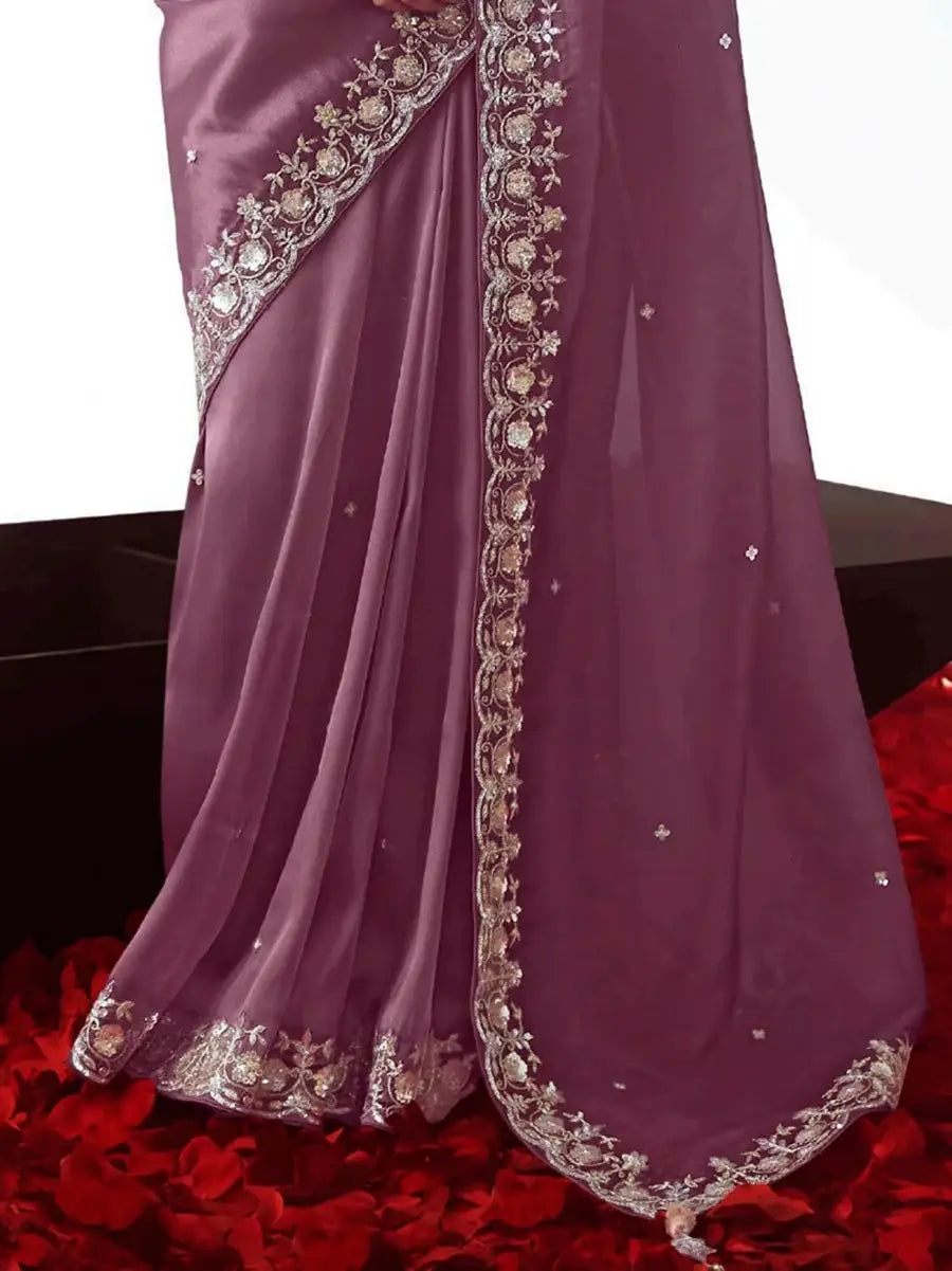 Tremendous Mauve Embroidered Organza Designer Saree With Blouse - Zeel Clothing