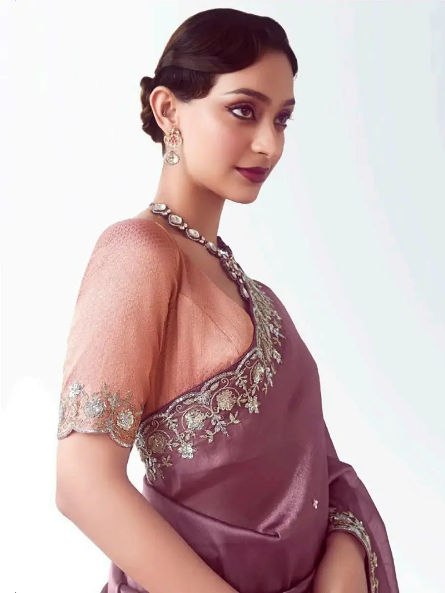 Tremendous Mauve Embroidered Organza Designer Saree With Blouse - Zeel Clothing