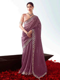Tremendous Mauve Embroidered Organza Designer Saree With Blouse - Zeel Clothing