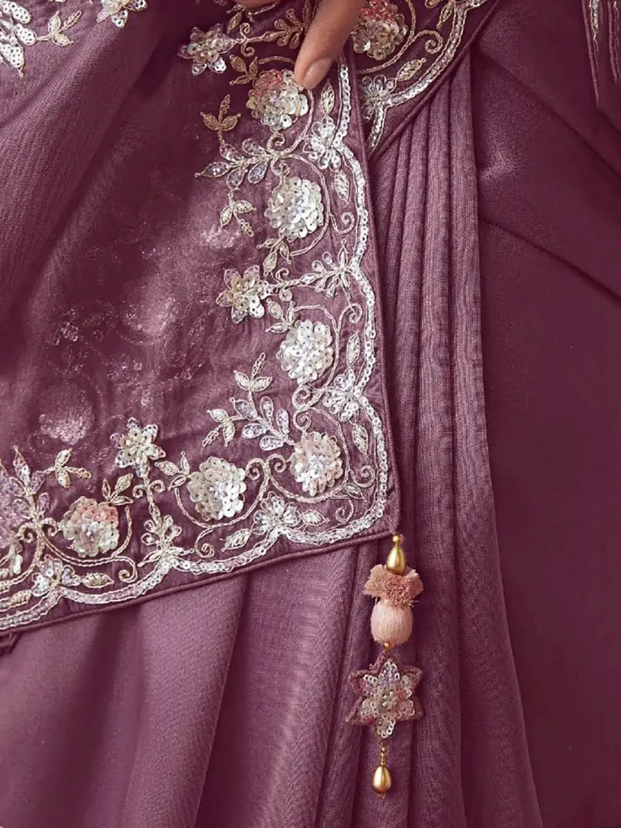 Tremendous Mauve Embroidered Organza Designer Saree With Blouse - Zeel Clothing