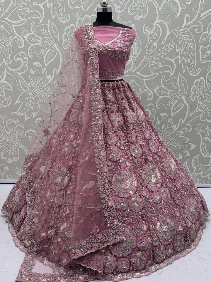 Tremendous Pink Dori Embroidery Net Bridesmaid Lehenga Choli