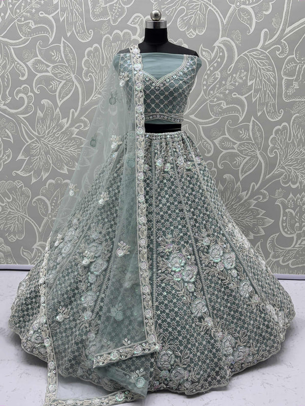 Tremendous Pista Green Hand Embroidered Net Reception Wear Lehenga Choli - Zeel Clothing