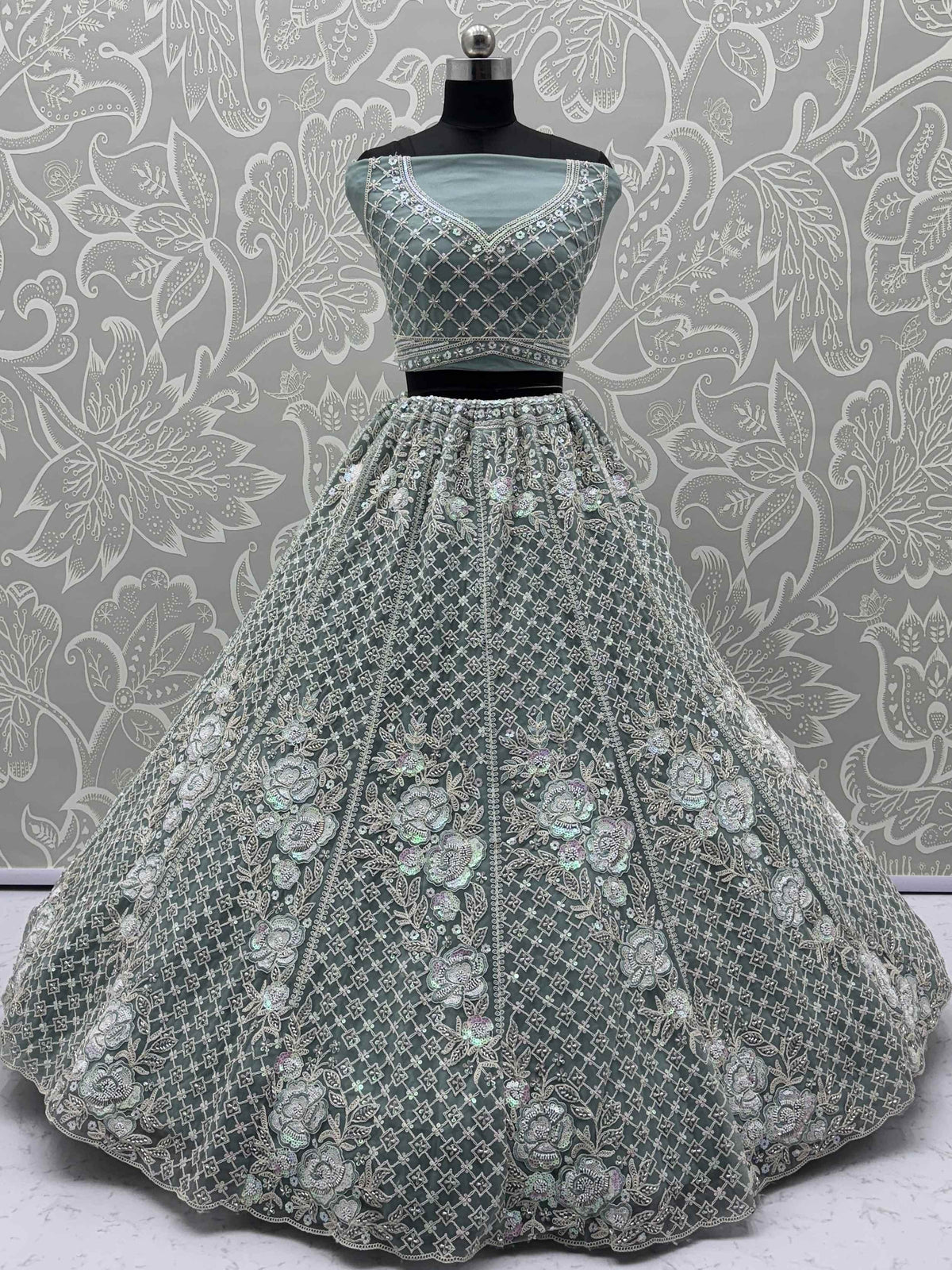 Tremendous Pista Green Hand Embroidered Net Reception Wear Lehenga Choli - Zeel Clothing