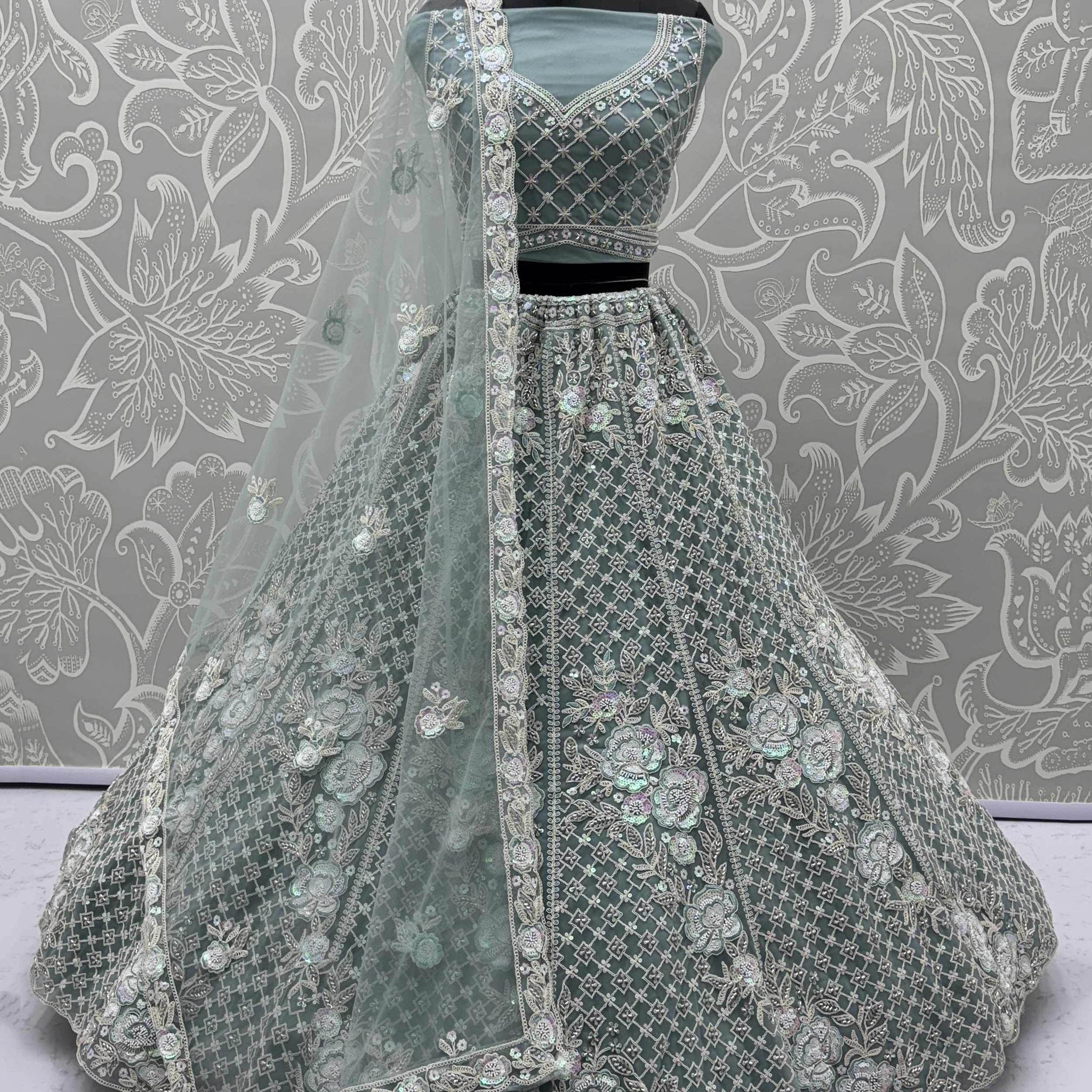 Tremendous Pista Green Hand Embroidered Net Reception Wear Lehenga Choli - Zeel Clothing