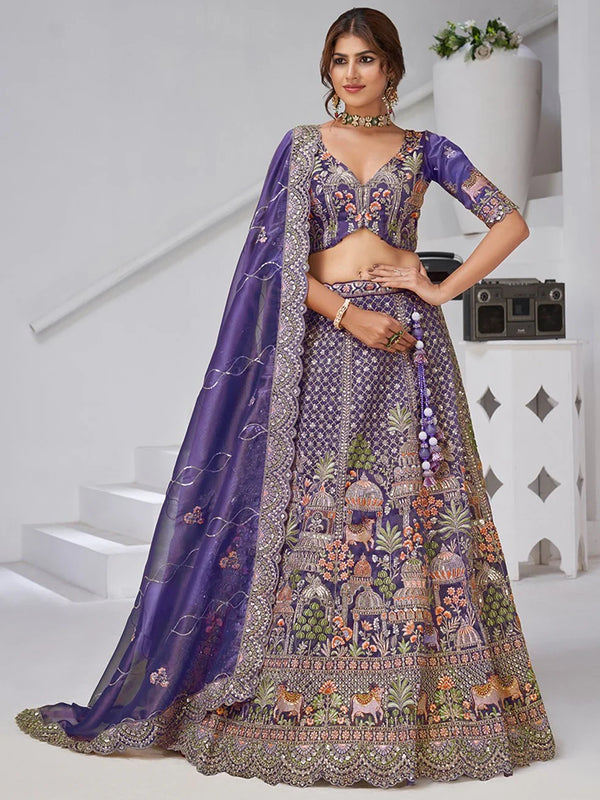 Tremendous Purple Resham Work Organza Reception Wear Lehenga With Blouse