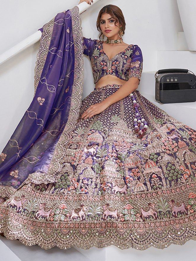Tremendous Purple Resham Work Organza Reception Wear Lehenga With Blouse