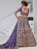 Tremendous Purple Resham Work Organza Reception Wear Lehenga With Blouse