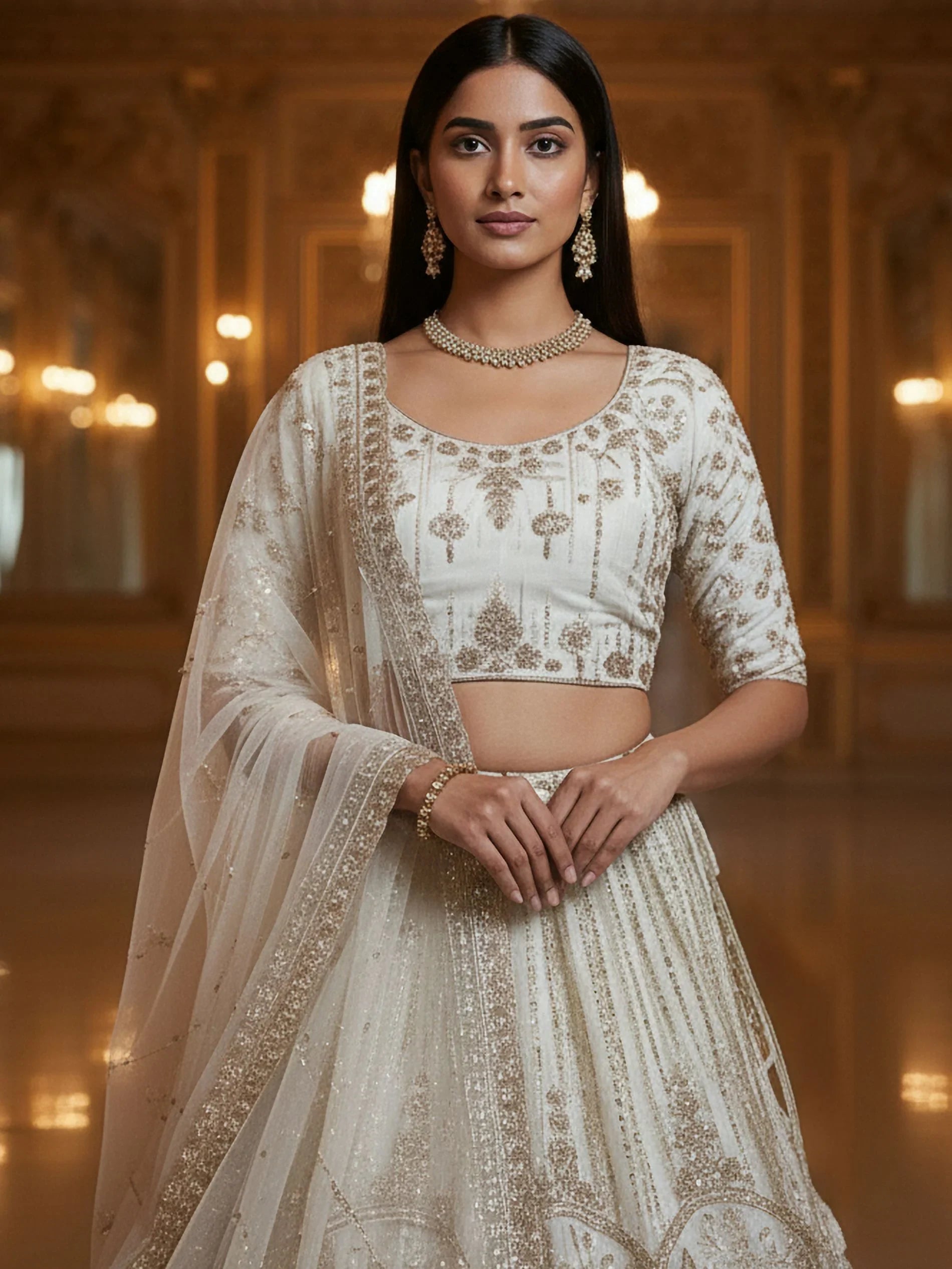Tremendous White Moti Work Net Bridal Lehenga Choli With Dupatta
