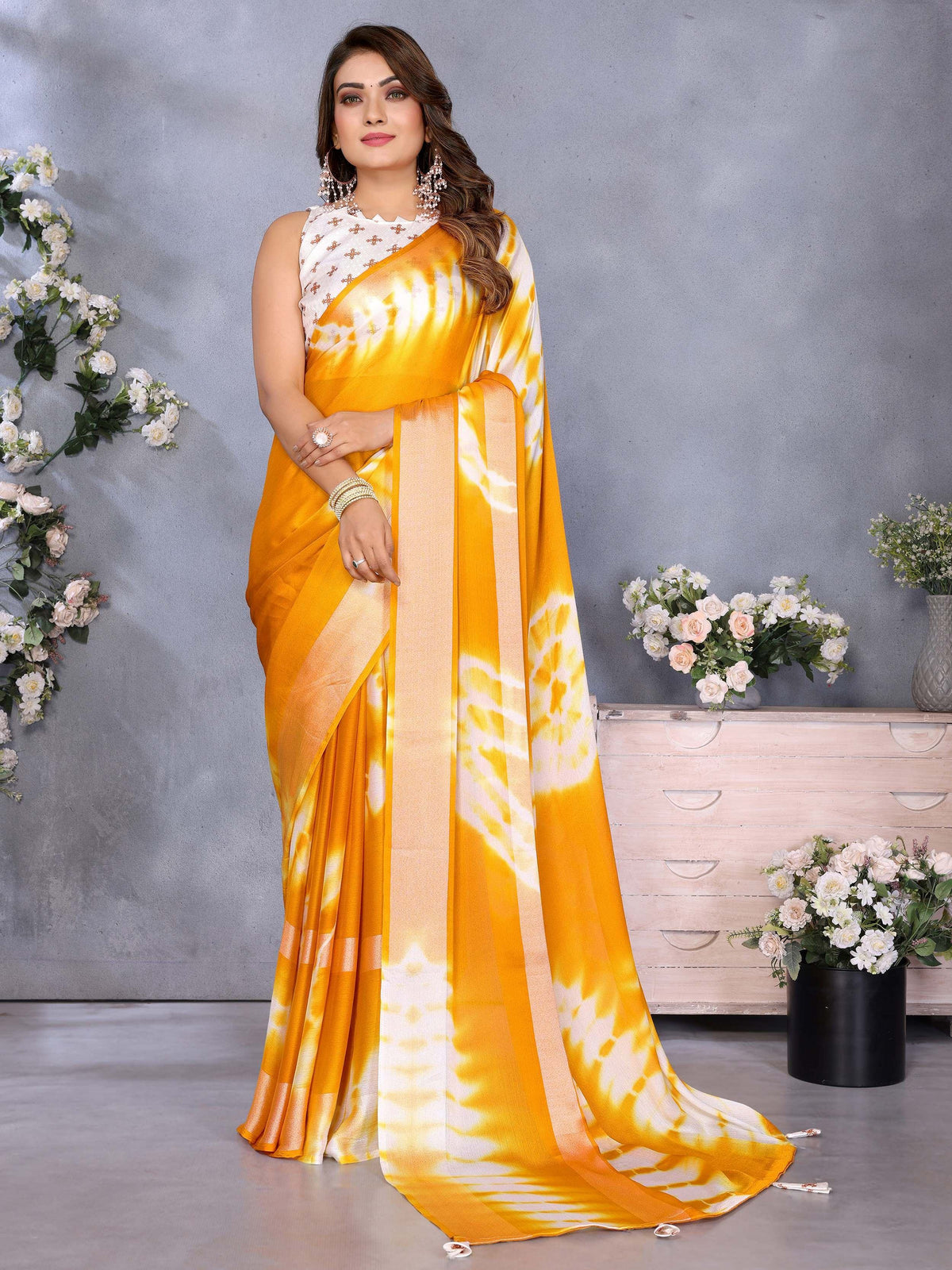 Tremendous Yellow Shibori Printed Chiffon Designer Saree With Blouse - Zeel Clothing