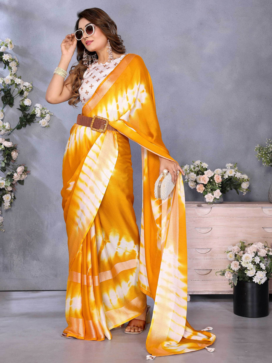 Tremendous Yellow Shibori Printed Chiffon Designer Saree With Blouse - Zeel Clothing