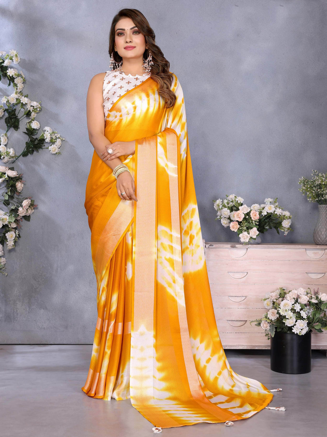 Tremendous Yellow Shibori Printed Chiffon Designer Saree With Blouse - Zeel Clothing