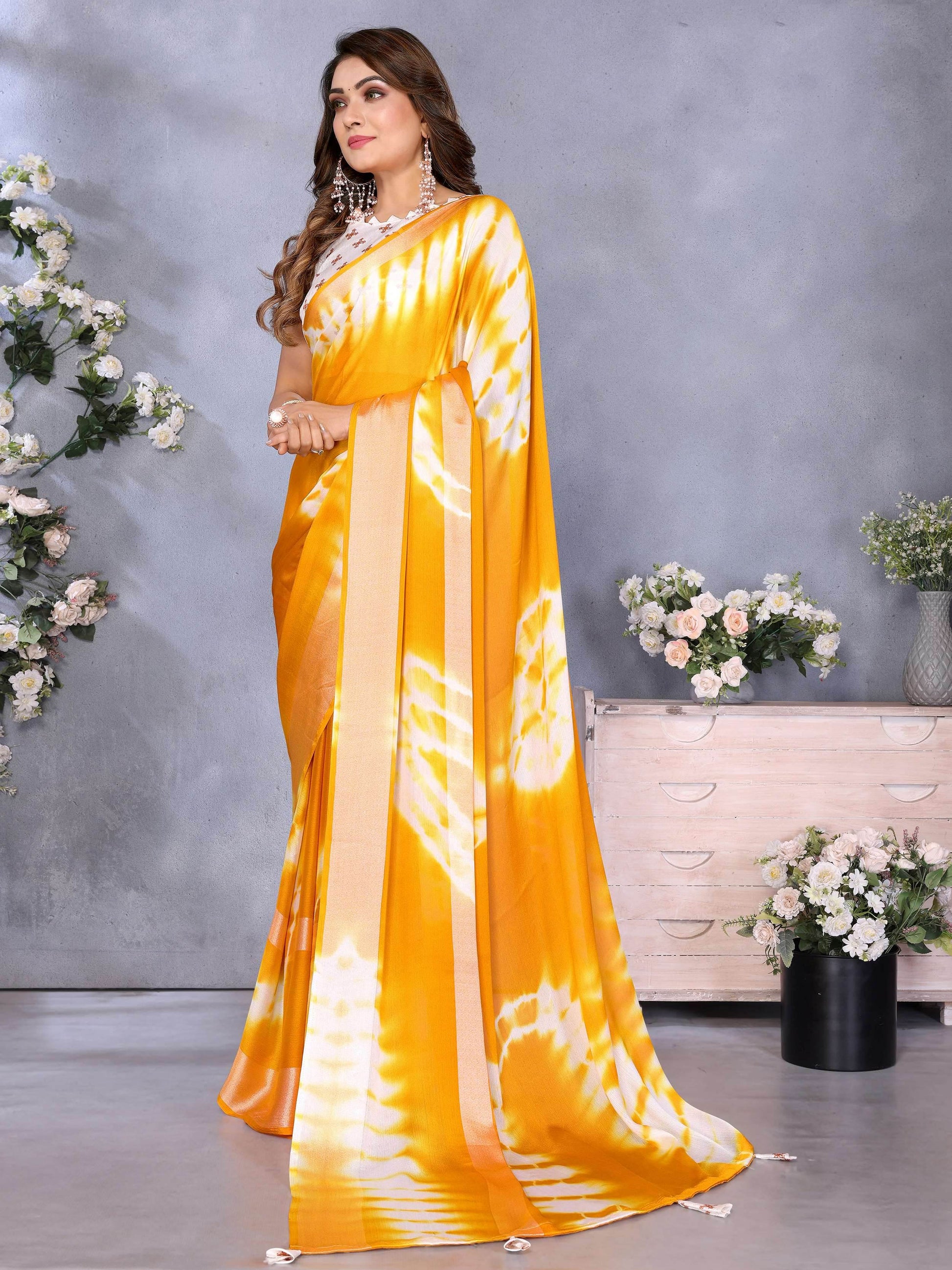 Tremendous Yellow Shibori Printed Chiffon Designer Saree With Blouse - Zeel Clothing