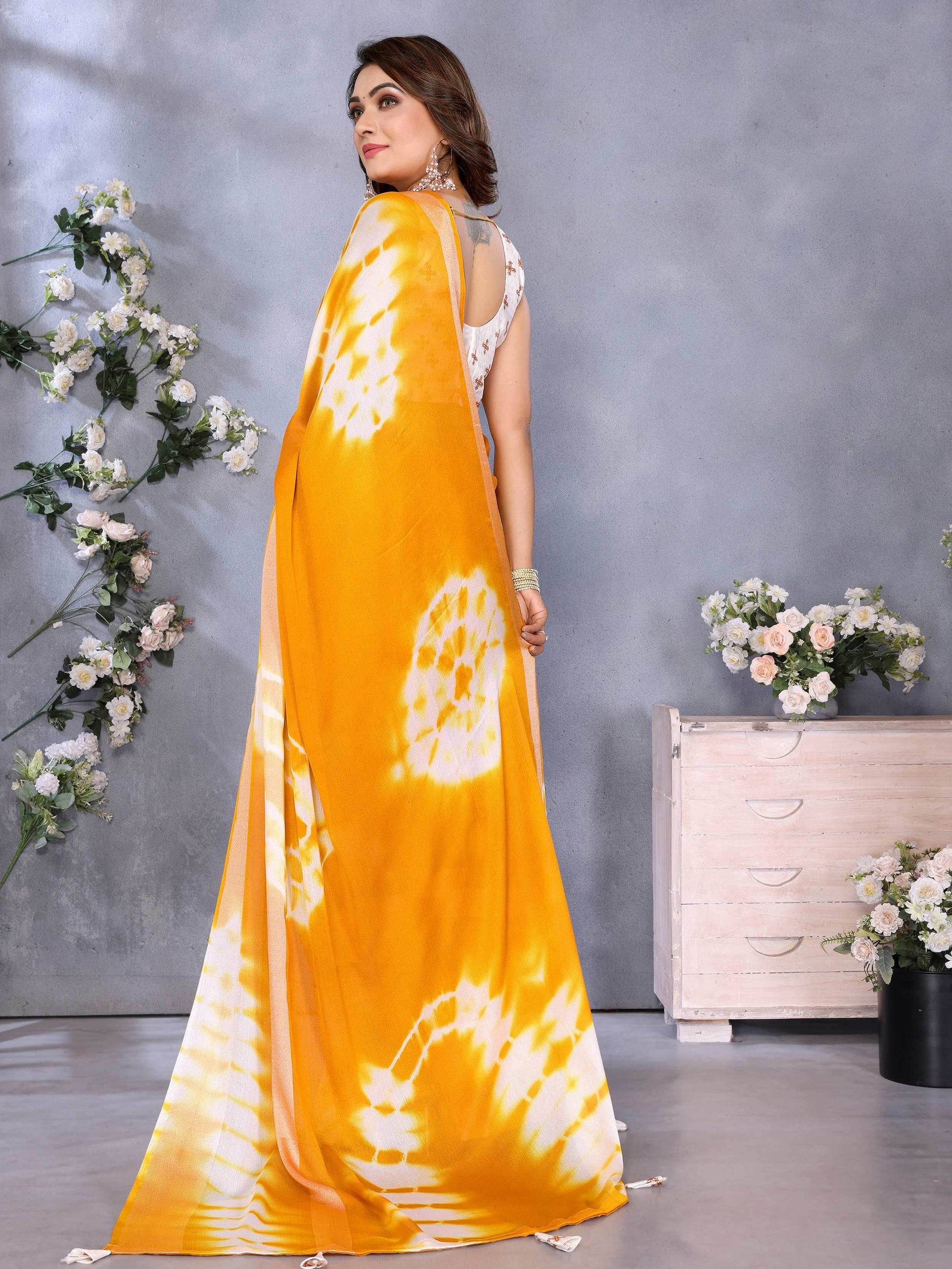 Tremendous Yellow Shibori Printed Chiffon Designer Saree With Blouse - Zeel Clothing