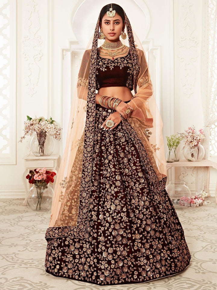 Trending Maroon Embroidered Velvet Bridal Lehenga Choli